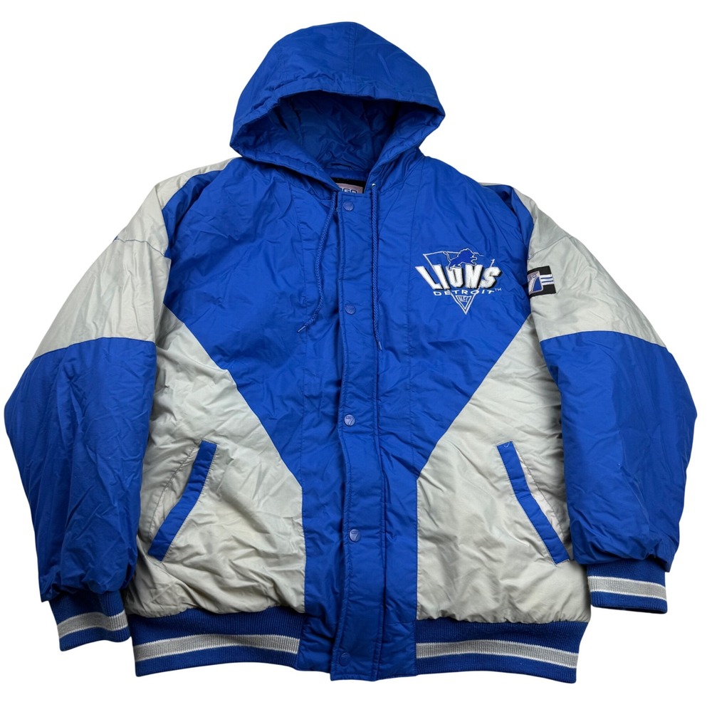 Vintage Logo 7 Detroit Lions NFL Hooded Puffer Jacket Blue Grey Mens Large